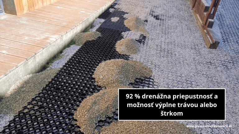 vysoká priepustnosť a možnosť zatrávnenia alebo výplnenia štrkom, výplňový štrk v zatrávňovači čiernej farby