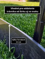 výška obrubníka terrabord je 55mm a kotví sa plastovým klincom UNI 25