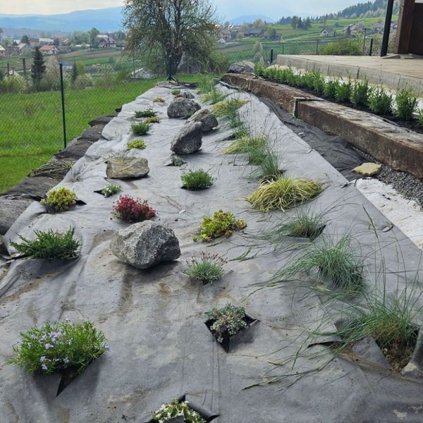 Netkaná agrotextília WIGOFIL 100 g použitá na výsadbu rastlín vo svahu pri rodinnom dome